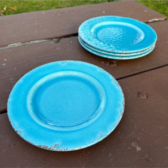 Set Of 4 William Sonoma Rustic Turquoise 8" Salad Plates Distressed Look Stonewa - Picture 2 of 3
